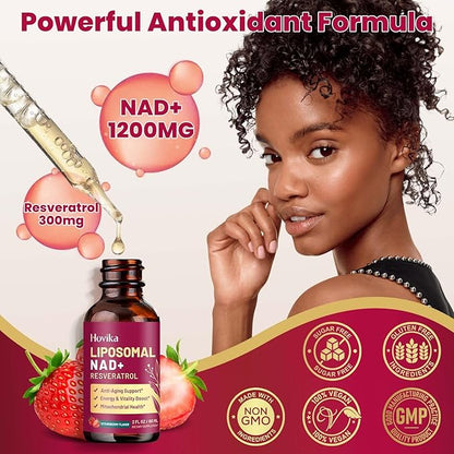 Liposomal NAD Supplement - 1200mg NAD+ Liquid Drops for Women & Men with Resveratrol, Black Pepper Extract - Support Anti-Aging, Brain & Cellular Mitochondrial Health - 2 Fl Oz, Strawberry Flavor