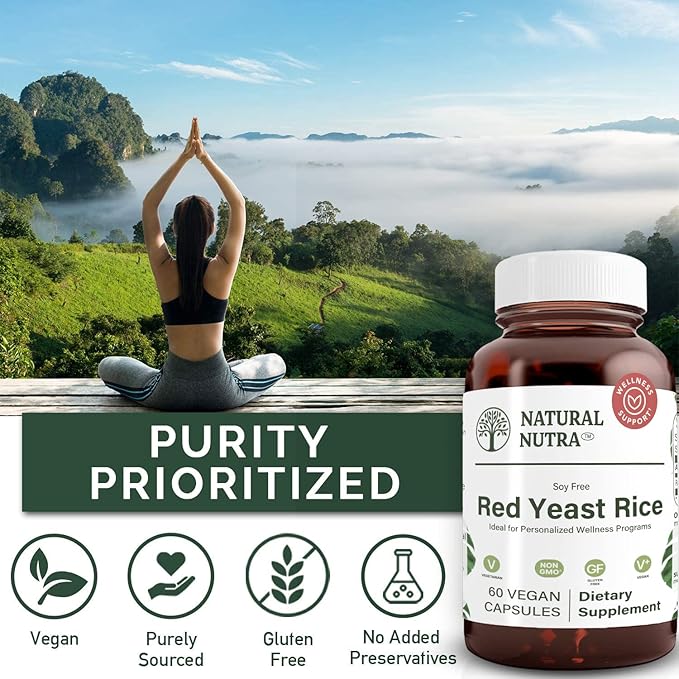 Natural Nutra Red Yeast Rice Extract, Cardiovascular Support, Helps Enhance Immunity, Improve Digestion, Improve Body Fluid Flow, Improve Heart Health, Gluten Free Supplements, 600 mg 60 Capsules