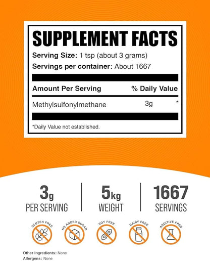 BulkSupplements.com MSM Powder - Methylsulfonylmethane, MSM Supplement - MSM Pure Powder, MSM 3000mg - for Joint Health, Gluten Free, 3000mg per Serving, 5kg (11 lbs) (Pack of 5)