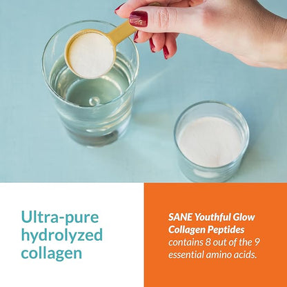 SANE MD - Youthful Glow Vital Collagen Powder - Organic Grass Fed Bovine Hydrolyzed Collagen Peptides Powder for Hair, Nails, Skin & Joint Health - NSF Certified - 37 Servings