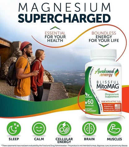 Blissful MitoMag – 300mg Elemental Magnesium Complex: Mg Glycinate, Mg BHB - Sleep Muscles Mood Energy Cognitive Focus Calm – All Natural, USA Made, No Additives – 60 Vegan Capsules Supplement