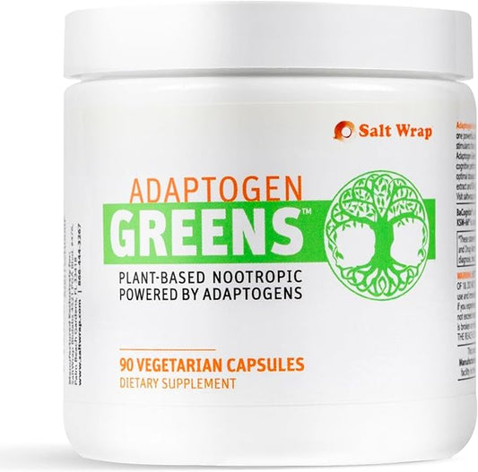 SaltWrap Adaptogen Greens - Mind-Body Resilience Formula - Caffeine-Free Nootropic for Stress, Focus, and Cognitive Performance - 90 Capsules