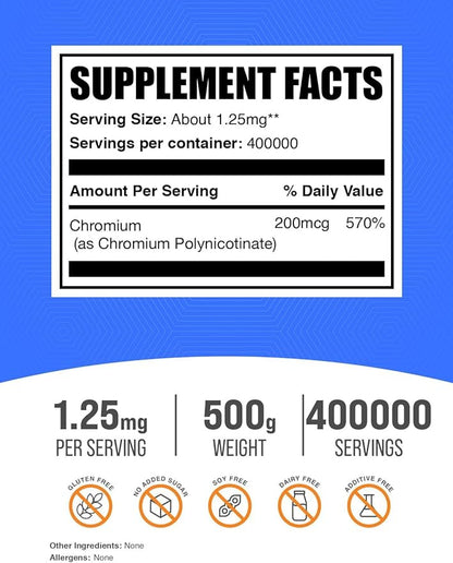 BulkSupplements.com Chromium GTF Powder - Mineral Supplements - Gluten & Yeast Free, 200mcg of Chromium, 1.7mg per Serving, 500g (1.1 lbs) (Pack of 1)