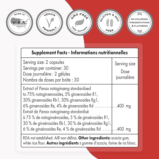 Supersmart - Notoginseng 400mg per Day (High Strength) - Panax Notoginseng Extract - 75% Notoginsenosides | Non-GMO & Gluten Free - 60 Vegetarian Capsules