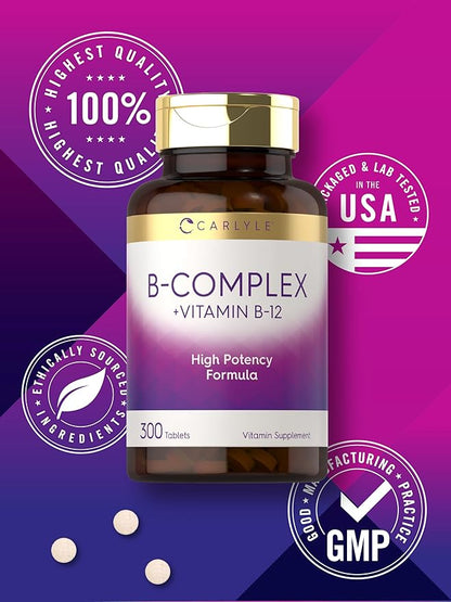 Carlyle B-Complex Vitamin with B12 | 300 Tablets | High Potency Formula | Vegetarian and Non-GMO Supplement