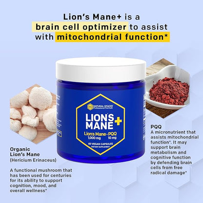 Organic Lions Mane Supplement Capsules - 1000mg Lions Mane Mushroom with 10mg PQQ - Brain Cell Optimizer for Memory, Learning, Mitochondrial Function - 60 Fruiting Body Mushroom Capsules