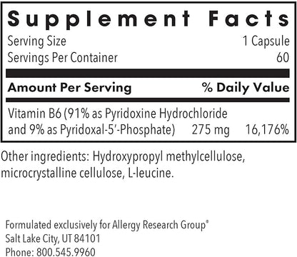 Allergy Research Group Pyridoxine P5P Supplement - Active Vitamin B6 275mg, Pyridoxal-5-Phosphate, Metabolism Support, Hypoallergenic, Vegetarian Capsules - 60 Count