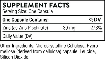 THORNE Zinc Picolinate 30 mg - Well-Absorbed Zinc Supplement for Growth and Immune Function* - 180 Capsules