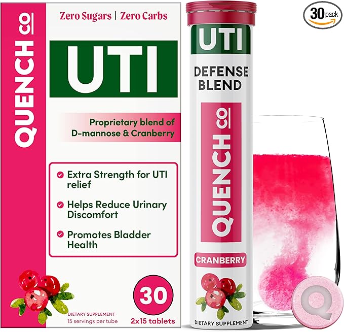 Quench UTI Relief Effervescent Tablets - Fast-Acting Urinary Tract Support, Flushes Impurities, Soothes Discomfort - Natural Cranberry Flavor, Sugar-Free, Vegan - 30 Tablets