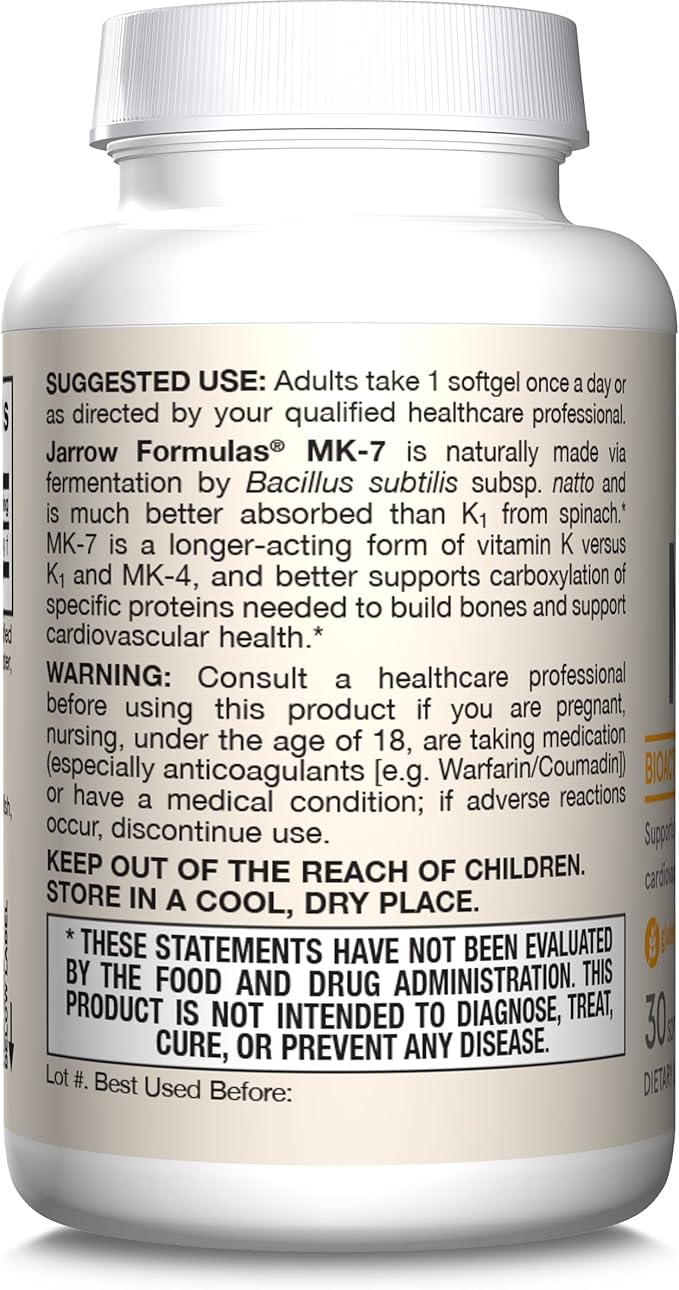 Jarrow Formulas® MK-7 180 mcg, Bioactive Form of Vitamin K2 For Bone and Cardiovascular Health, Vitamin K2 MK-7 Dietary Supplement, 30 Softgels, 30 Day Supply