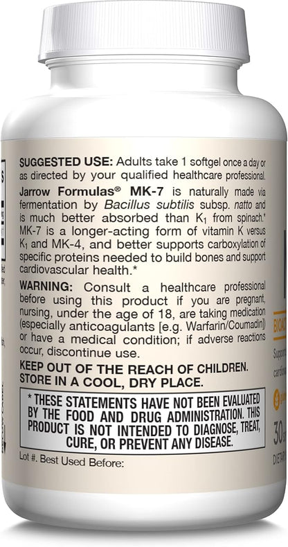 Jarrow Formulas® MK-7 180 mcg, Bioactive Form of Vitamin K2 For Bone and Cardiovascular Health, Vitamin K2 MK-7 Dietary Supplement, 30 Softgels, 30 Day Supply