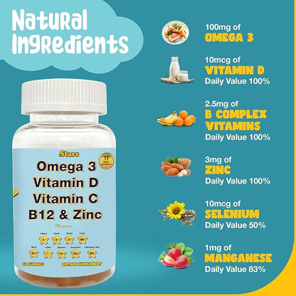 Adult Multivitamin Gummy with Omega 3, Chewable Multivitamin with Selenium, Vitamin A, B, C, D, Biotin, Multivitamin for Women, Multivitamin for Men, 60 Star Shaped Multivitamin Gummies