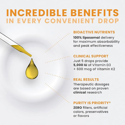 Pure TheraPro Rx Vegan D3 + K2 Organic 100% Liposomal 20ml Made in USA | 6 Month Supply | Maximum Absorption Vitamin D3 and Vitamin K2 Supplements for Men and Women, D3 Vitamin 5000 IU