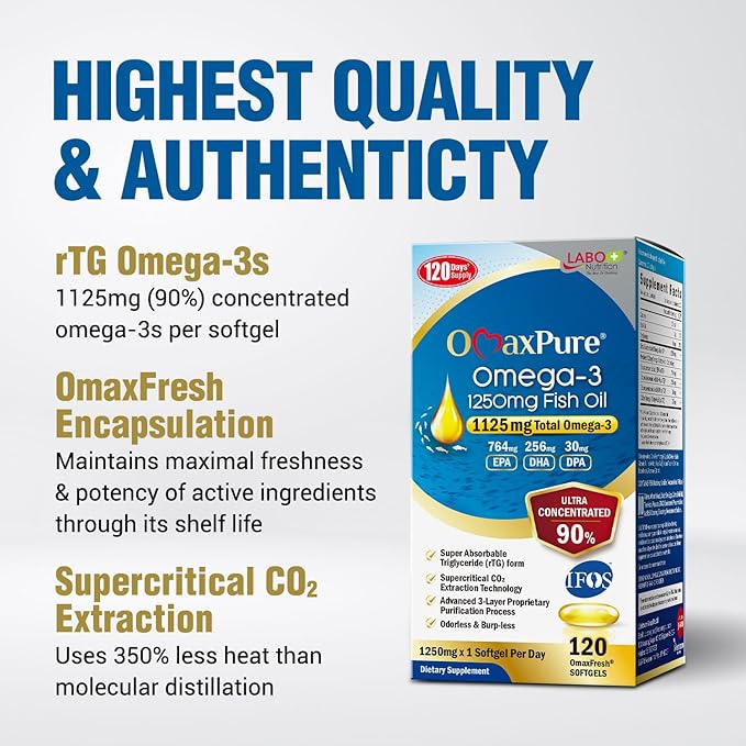 LABO Nutrition OmaxPure Omega3 Fish Oil - 1125mg Omega 3 IFOS Certified - High Potency rTG Omega Fish Oil Supplement with DHA & EPA - for Heart, Brain, Joint & Immune Support - 120 Softgels