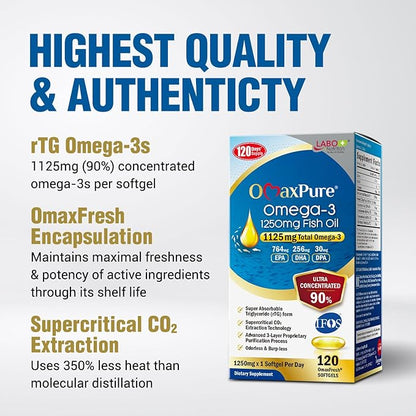 LABO Nutrition OmaxPure Omega3 Fish Oil - 1125mg Omega 3 IFOS Certified - High Potency rTG Omega Fish Oil Supplement with DHA & EPA - for Heart, Brain, Joint & Immune Support - 120 Softgels