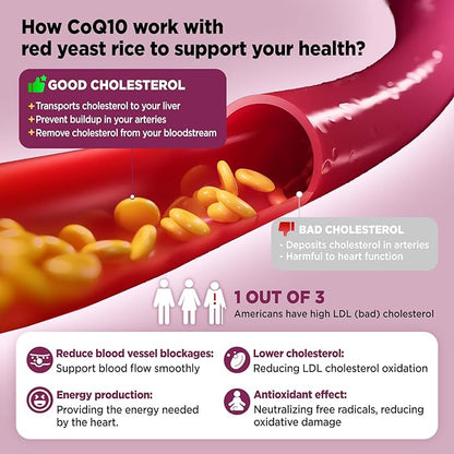 Red Yeast Rice with Coq10 Gummies Sugar Free, Organic Red Yeast Rice 2400mg for Cholesterol Lowering Supplements, Enhanced with Coenzyme Q10 200mg for Heart Health Support, 60 Counts