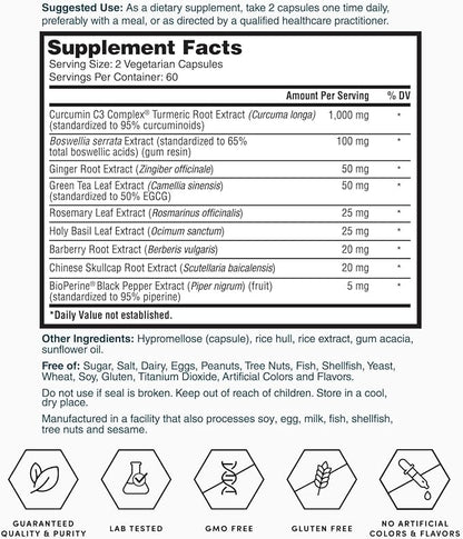 Nature's Lab Gold Whole Body Herbal Complex - Turmeric, Boswellia, Ginger, Green Tea, Rosemary - 120 Capsules (60 Day Supply)