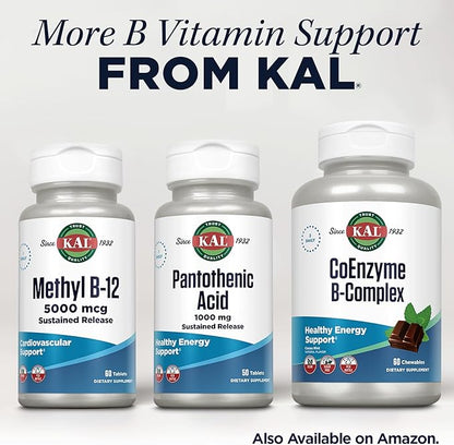 KAL Pantothenic Acid 1000mg, Sustained Release Vitamin B5 - Energy Supplements - Supports Metabolism of Carbs, Fat and Protein, Hair and Skin Health, Vegan, 60-Day Guarantee, 50 Servings, 50 Tablets