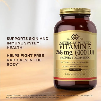 SOLGAR Vitamin E 268 mg (400 IU) - 250 Softgels - Naturally-Sourced Vitamin E as d-Alpha Tocopherol - Gluten Free, Dairy Free - 250 Servings