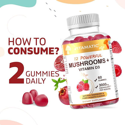 Vitamatic Mushroom Complex with D3, 60 Pectin Based Gummies, (Pack of 2)