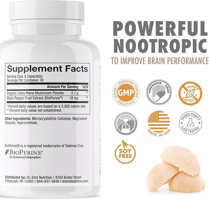DR. EMIL NUTRITION 2100mg Organic Lions Mane Supplement Capsules - Focus, Mental Clarity & Cognition - Nootropic Lion's Mane Mushroom Supplement with Organic Lions Mane