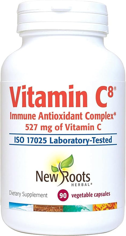 NEW ROOTS HERBAL Vitamin C8, 527mg per Portion (90 Veg Caps) – 8 Sources of Vitamin C with Bioflavonoids, Green Tea & Zinc – Powerful Immune Support