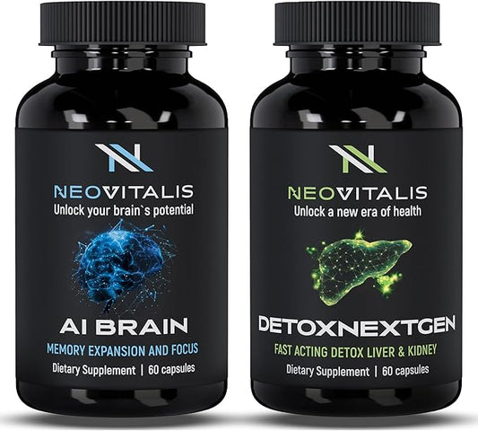 NeoVitalis® Brain & Detox Wellness Bundle | AI Brain Nootropic Capsules for Memory, Focus + DetoxNextGen Liver & Kidney Support | Cognitive, Detox, Immune Boost & Toxin Removal Supplement | 120 Caps