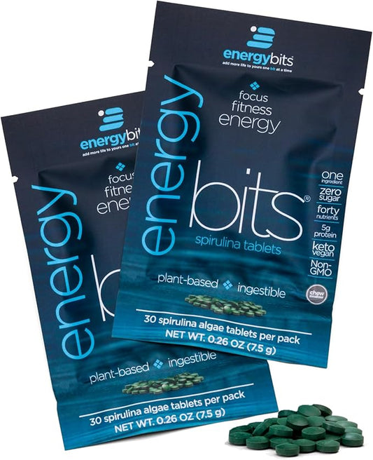 ENERGYBITS - Organic Spirulina Tablets - Plant-Based Algae Superfood - for Focus, Fitness, Energy - Plant Protein - Gluten Free - Collagen, Vitamin B12, Omega 3 - Keto & Vegan - 60 Algae Tablets