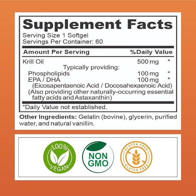 Krill Oil Softgels, 60 Count, with EPA, DHA & Omega 3,6,9