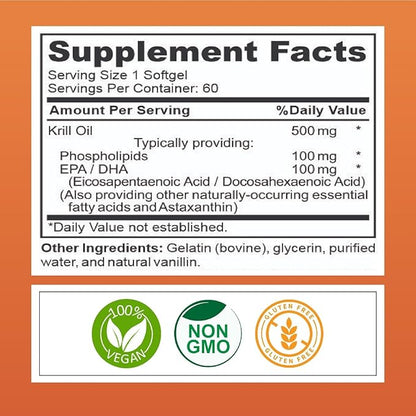 Krill Oil Softgels, 60 Count, with EPA, DHA & Omega 3,6,9