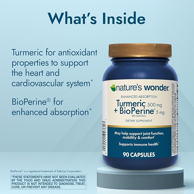 Nature's Wonder Turmeric Supplement with BioPerine - Enhanced Absorption Turmeric Complex 500mg with BioPerine 5mg for Joint Function, Mobility, and Comfort, 90 Vegetarian Turmeric Capsules