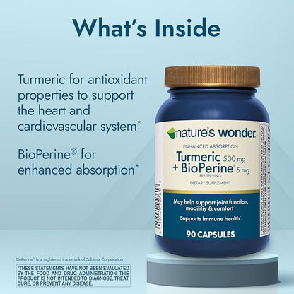Nature's Wonder Turmeric Supplement with BioPerine - Enhanced Absorption Turmeric Complex 500mg with BioPerine 5mg for Joint Function, Mobility, and Comfort, 90 Vegetarian Turmeric Capsules