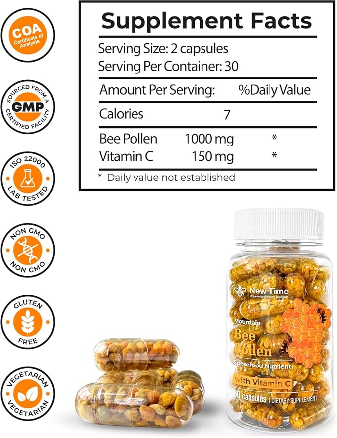 Bee Pollen Capsules – Organic Supplement for Pregnancy Support, Energy, Vitality, Wellness, Rich in Vitamins, Immune & Nutrient Boost, Premium for Men & Women, 100% Pure & Natural for Breast Growth