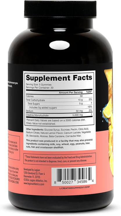 LEGION Creatine Monohydrate Gummies - Clean Creatine Gummies for Muscle Gain, Improving Endurance & Post Workout Recovery - Creatine Supplement for Maximum Absorption (150 Lemon Drop Gummies)