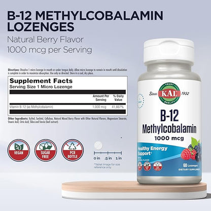 KAL Vitamin B-12 Methylcobalamin Lozenges 1000mcg, Healthy Energy, Metabolism, Nerve & Red Blood Cell Support,* Optimal Absorption, Natural Berry Flavor, Vegan, Sugar Free, 60 Servings, 60 Lozenges