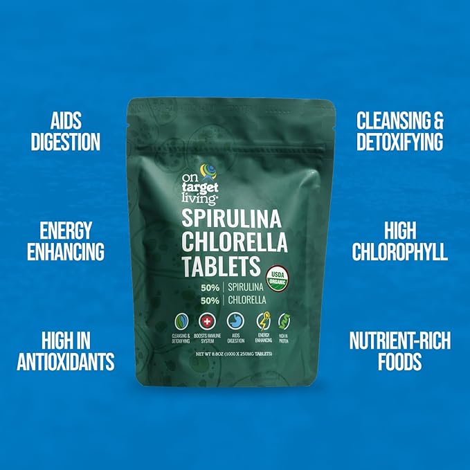On Target Living Organic Spirulina Chlorella Travel Size | USDA Organic | 250 Tablets- 250 G (2.2 oz) | Vegan | Immune System Boosting | Alkalyzing | Detoxifying | Protein Dense