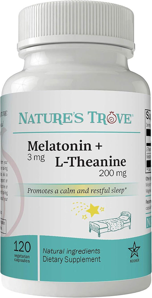 Nature's Trove Melatonin 3mg + L Theanine 200mg – Calm and Relaxation – 120 Kosher Vegetarian Capsules