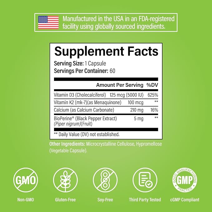 Noophoric D3 K2 Vitamin 5000 IU - Vitamin K2 100 mcg MK7, Calcium, BioPerine - Bone Health & Immune Support Supplement - Gluten-Free, Non-GMO - Vitamin D3 K2 Supplement (60 Servings)