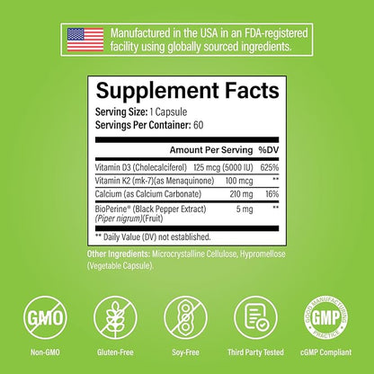 Noophoric D3 K2 Vitamin 5000 IU - Vitamin K2 100 mcg MK7, Calcium, BioPerine - Bone Health & Immune Support Supplement - Gluten-Free, Non-GMO - Vitamin D3 K2 Supplement (60 Servings)