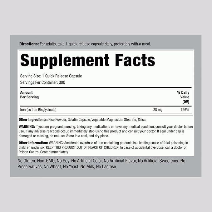 Piping Rock Iron Bisglycinate 28 mg | 300 Capsules | Gentle Iron Supplement | Non-GMO & Gluten Free