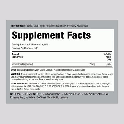 Piping Rock Iron Bisglycinate 28 mg | 300 Capsules | Gentle Iron Supplement | Non-GMO & Gluten Free