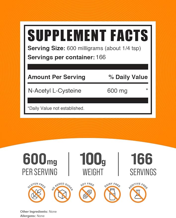 BulkSupplements.com NAC Powder - N-Acetyl Cysteine 600mg, NAC Supplement - Antioxidant Support, Gluten Free - 600mg per Serving, 166 Servings, 100g (3.5 oz) (Pack of 1)