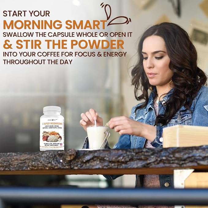 5 Mushrooms Supplement, 180 Count – Lion's Mane, Reishi, Shiitake, Cordyceps, Oyster Immune & Brain Supplement for Memory and Focus, Dietary Supplement for Energy