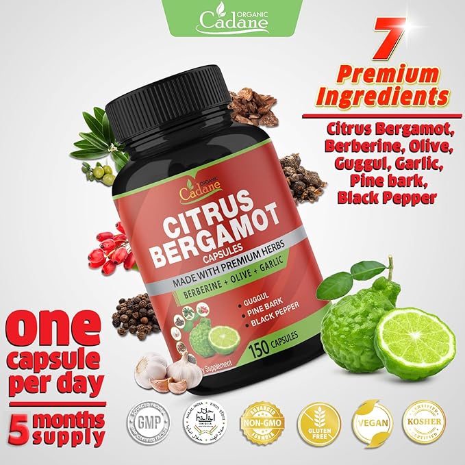 Organic Cadane Citrus Bergamot Supplement Capsules with Berberine, Olive, Guggul, Garlic, Pine Bark, Black Pepper - 150 Caps for 5 Months Supply