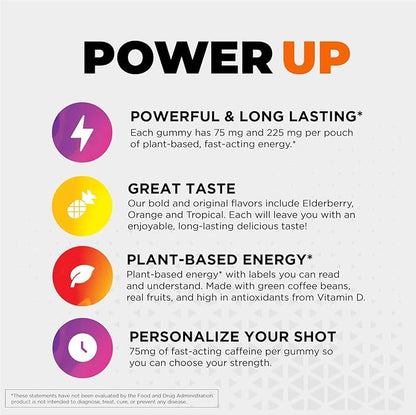 Energy Gummies, 2475mg of Plant-Based Caffeine Chews per Bottle, Long Lasting Energy Boosters, Tropical (33ct)