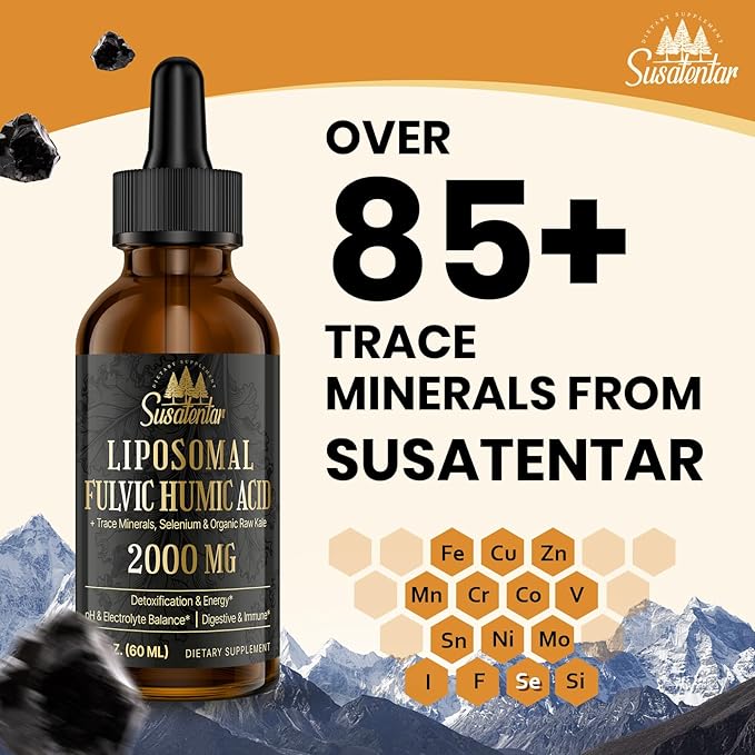 Trace Minerals Electrolytes Drops 2000 MG | Liquid Liposomal Fulvic Humic Acid Supplement | 85+ Trace Minerals | Hydration | Detoxification | Energy | pH Balance | Digestion | Immunity | 8 Oz