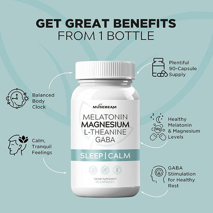 Magnesium Glycinate 275mg Melatonin 5mg L-Theanine 200mg GABA 100mg Capsules - Full Rest Nighttime Bedtime Support Supplement for Men Women - Vegan Sugar-Free Gluten-Free