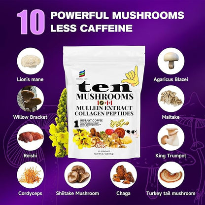 SUNDAFONE Mushroom Coffee, with Grass Fed Collagen, Mullein, Lion's Mane, Reishi for Focus, Immunity, Memory, Clarity, Breathing, Skin Hair Support, 12 Adaptogenic Instant Collagen Slim Coffee