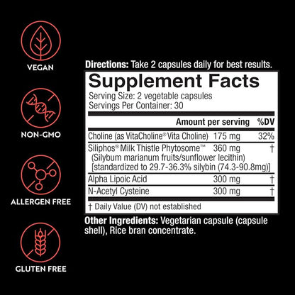 Liver Detox with 360 mg Milk Thistle Supplement with Alpha Lipoic Acid, Choline and NAC, Supports Healthy Liver Function, 60 Veggie Caps