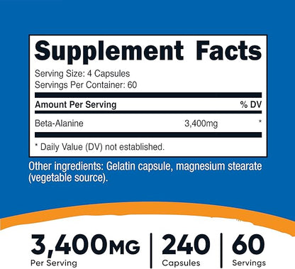 Nutricost Beta-Alanine Capsules 3400mg, 240 Capsules (60 Serv) - Potent Beta Alanine, Gluten Free & Non-GMO, 850mg Per Cap